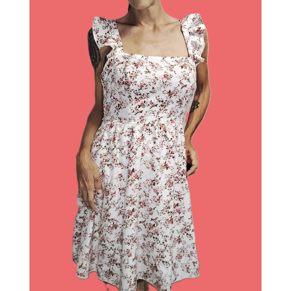 White Pink Floral Open Back Ruffle Babydoll Mini Dress ~ Size Medium